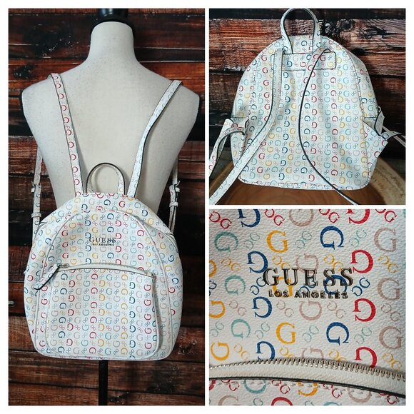 NWOT GUESS Bag Mini Backpack White Rainbow Logo Multi Pockets Adjustable Straps - Picture 1 of 15